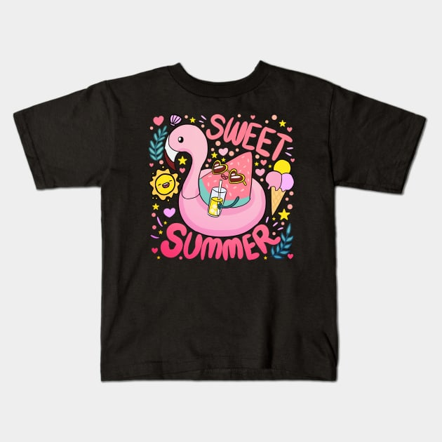 Sweet Summer a fun and colourful Summer time design a cute watermelon wearing sunglasses on a flamingo floaty Kids T-Shirt by Yarafantasyart